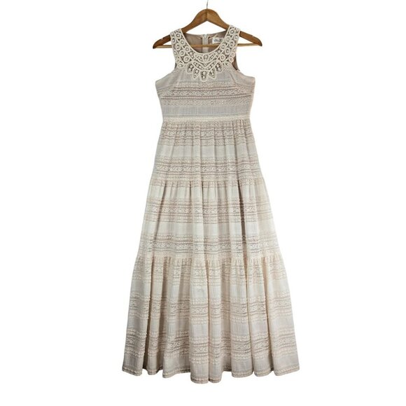 Lace Maxi Dress Cream Sleeveless Tiered 4P Eliza J Cottage Victorian Boho Party - Picture 1 of 15
